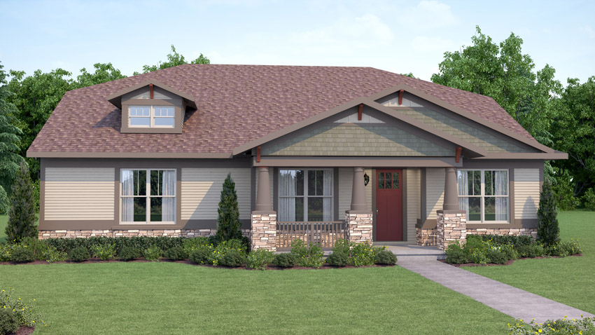 Exterior rendering of 1 story home floor plan, Bushwood, Craftsman style